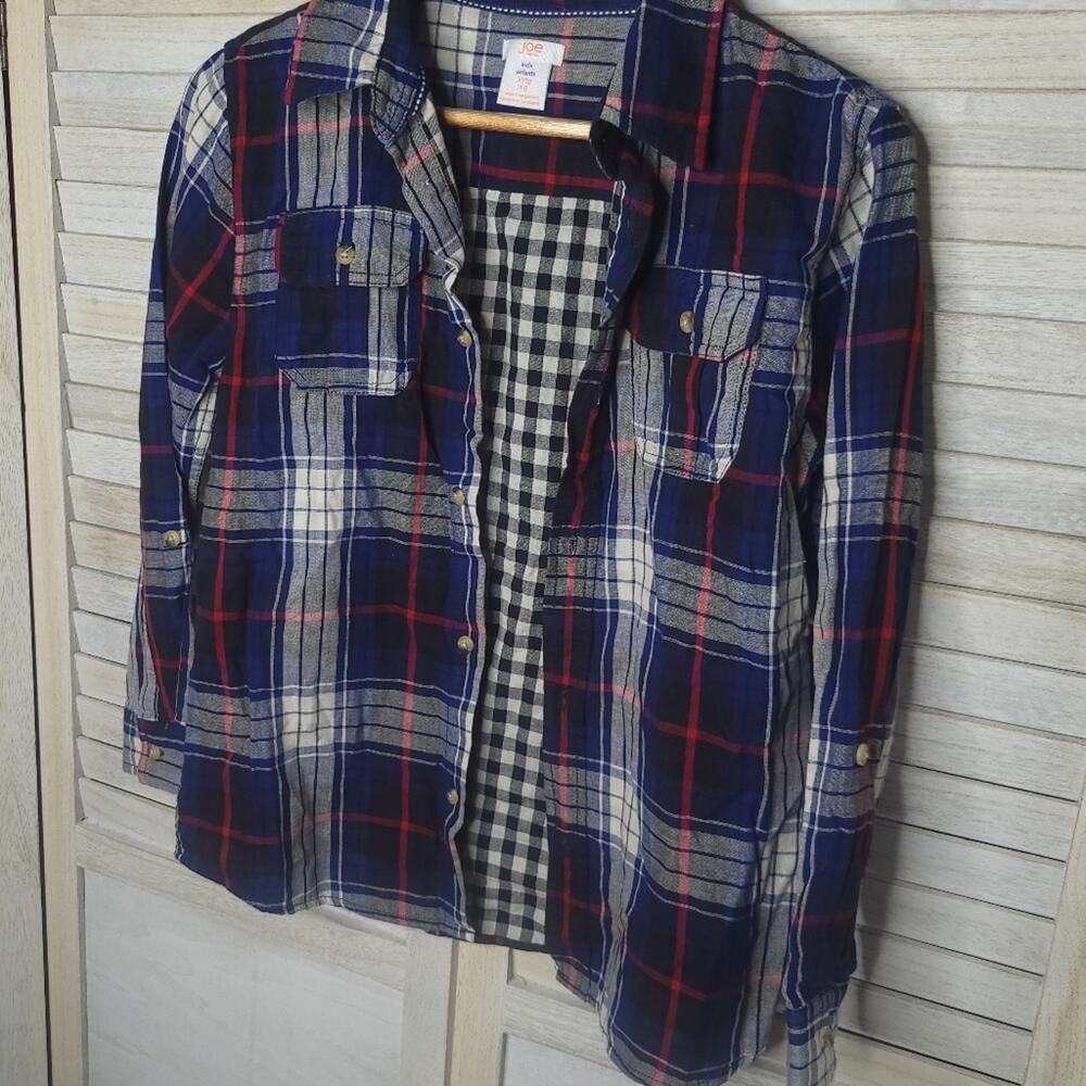 💛3/$15 Joe Fresh Boys Size XL 14 Regular Button Down Plaid Shirt Red Blue White